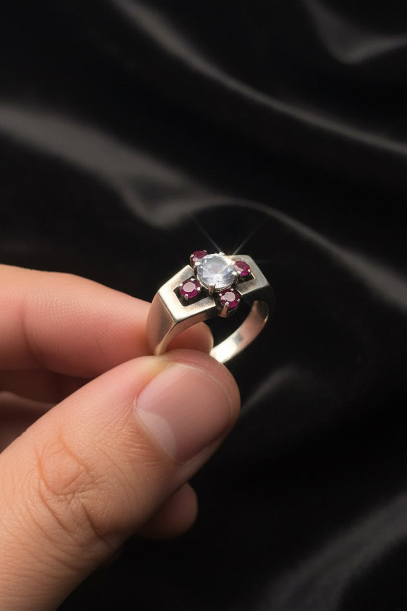 Aquamarine & Ruby mix silver ring for men