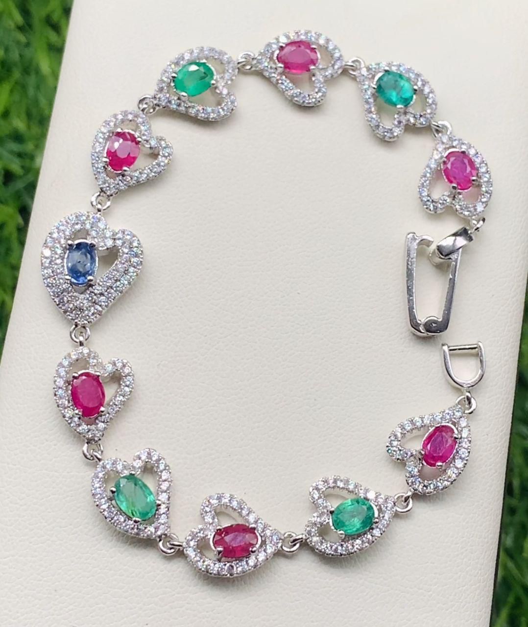 Natural Ruby , emerald and sapphire &nbsp;bracelet with rhodium polish