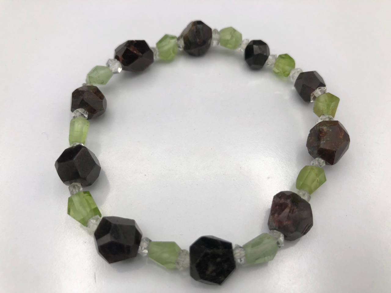 Natural Diamond Quartz, Peridot &amp; Red Garnet Crystal Bracelet – Triple Stone Power
