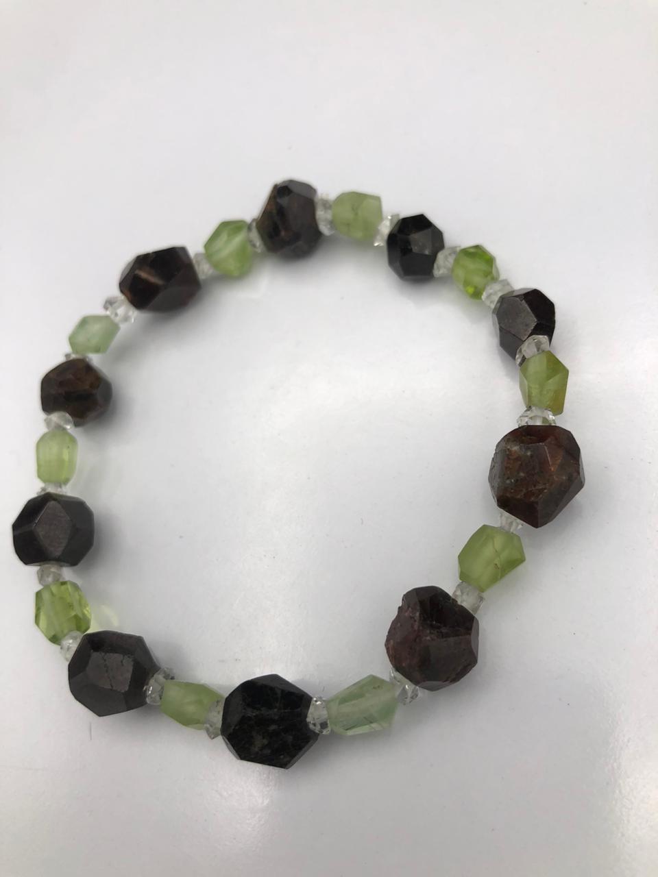 Natural Diamond Quartz, Peridot &amp; Red Garnet Crystal Bracelet – Triple Stone Power