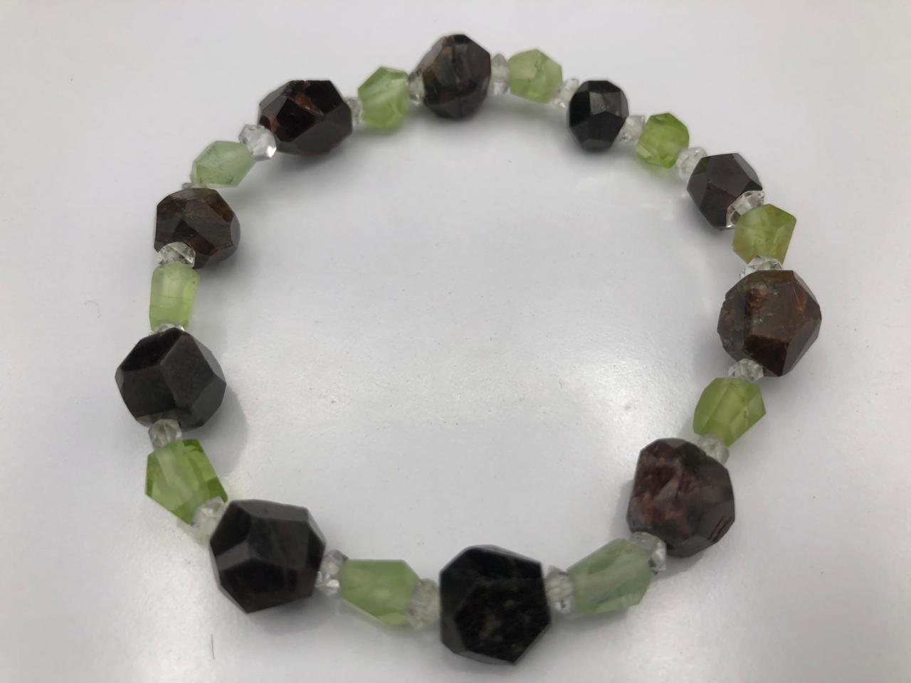 Natural Diamond Quartz, Peridot &amp; Red Garnet Crystal Bracelet – Triple Stone Power