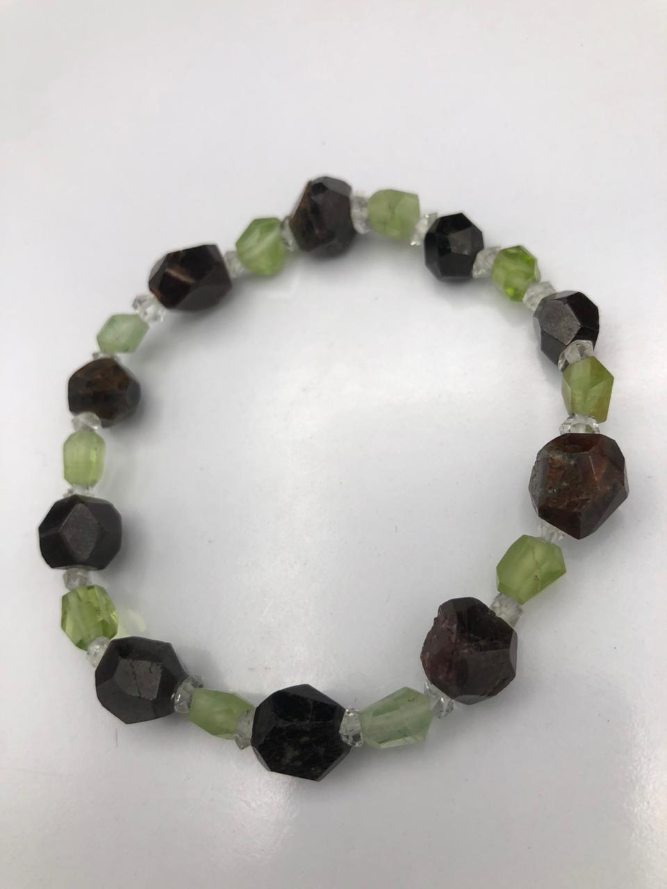 Natural Diamond Quartz, Peridot &amp; Red Garnet Crystal Bracelet – Triple Stone Power