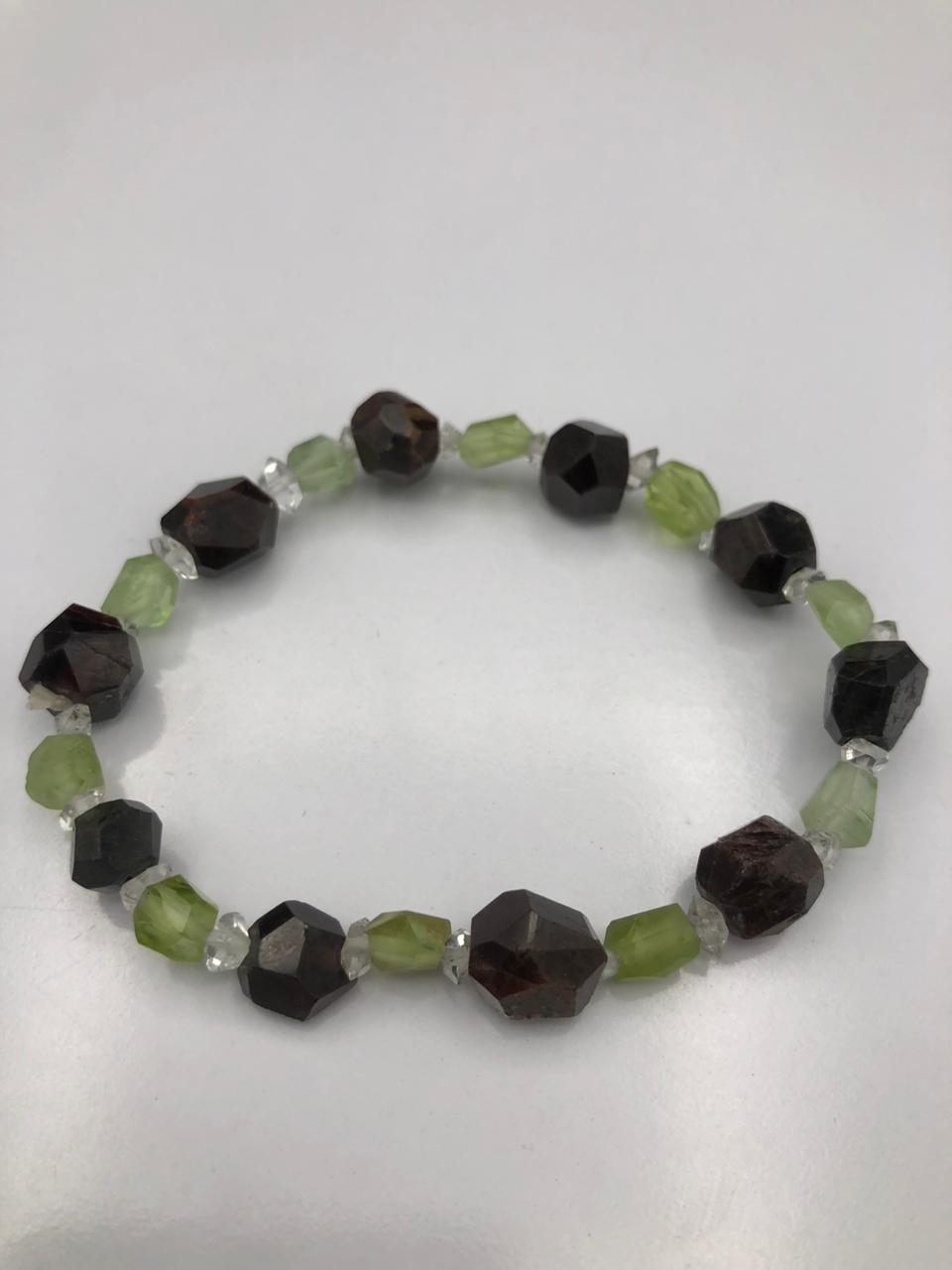 Natural Diamond Quartz, Peridot &amp; Red Garnet Crystal Bracelet – Triple Stone Power