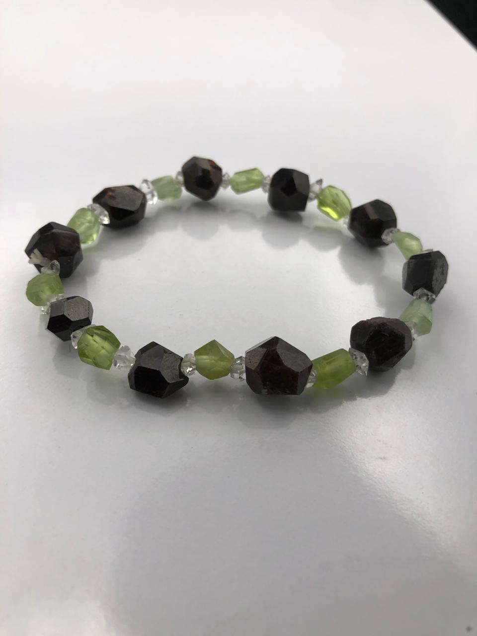 Natural Diamond Quartz, Peridot &amp; Red Garnet Crystal Bracelet – Triple Stone Power